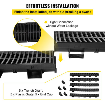 Driveway Channel Drain Kit with Plastic Grate, Easy Install, 5 Pack, HDPE Material