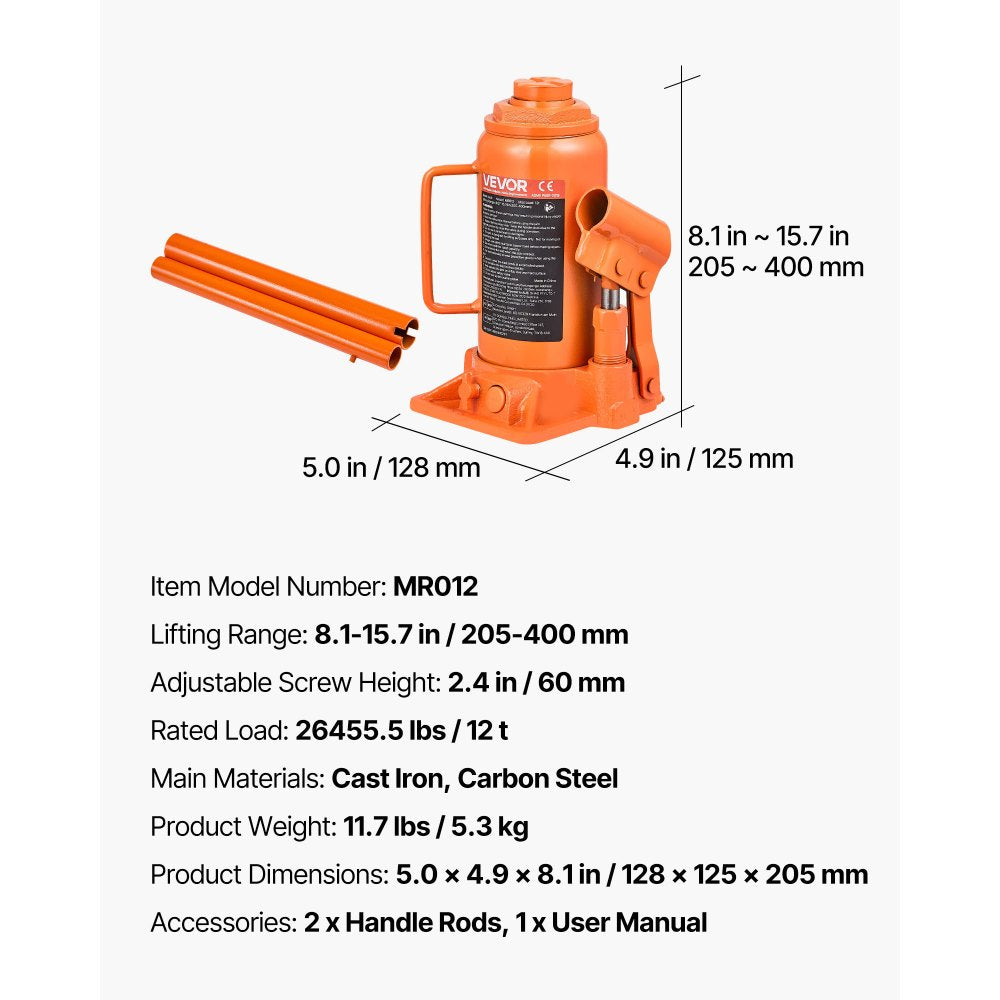 Hydraulic Bottle Jack High Lift Jack 12 Ton (26455.5 lbs) Car Auto Repair