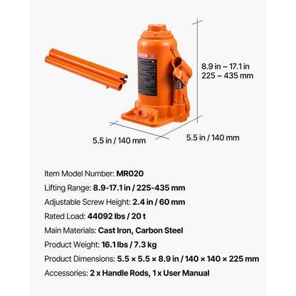 Hydraulic Bottle Jack High Lift Jack 20 Ton (44092 lbs) Car Auto Repair