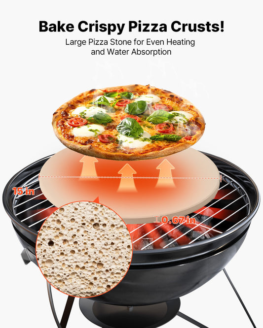 Pizza Stone, 381 mm Round Cordierite Pizza Stone, Extra Large Baking-Stone with Aluminum Peel, 17 mm Thickness Heat-Resistant Cooking Cordierite, for Kitchen Oven, Baking Pizzas, BBQ Grilling