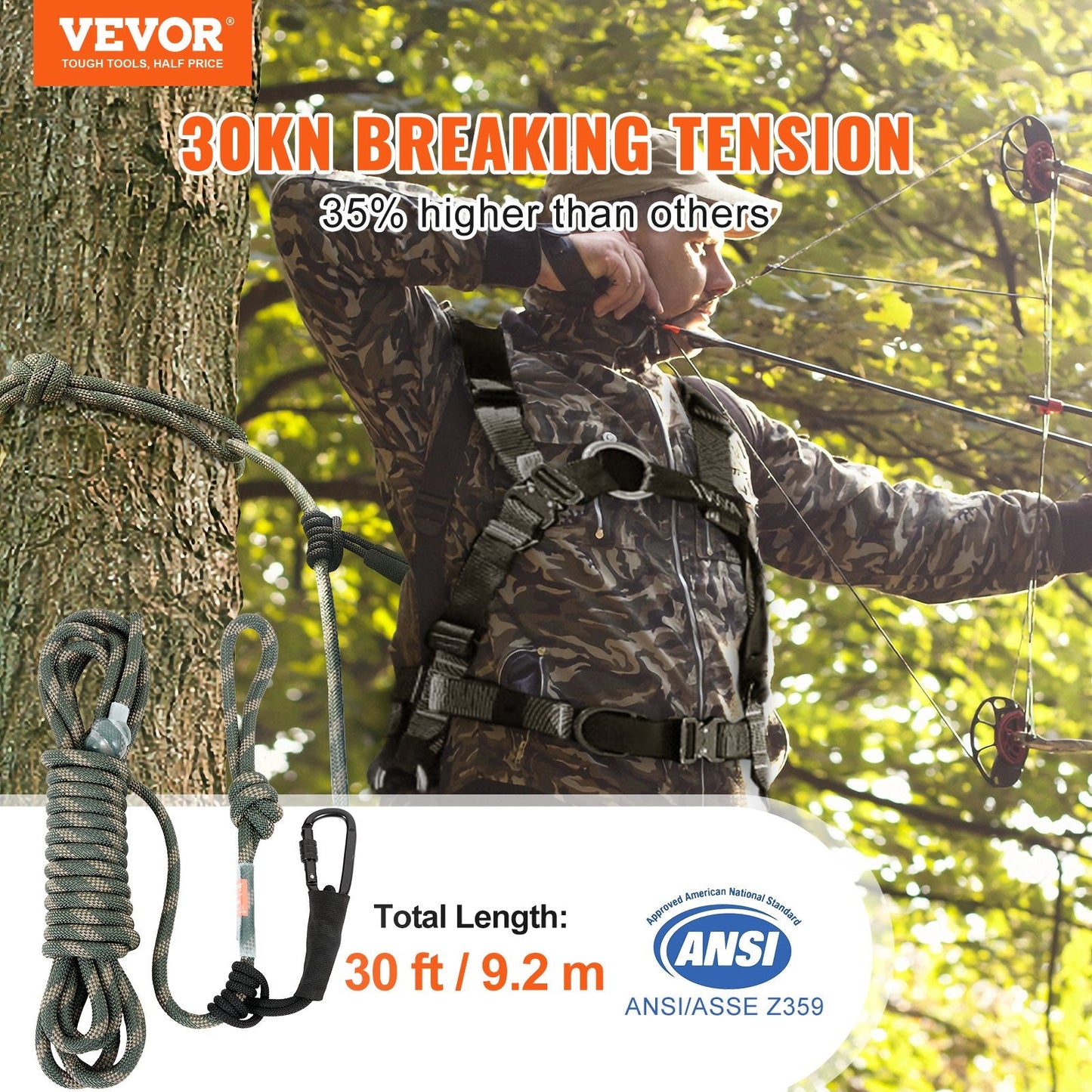 Safety Lifeline Rope 91.44m with Prusik Knots & Carabiners, 30KN Strength