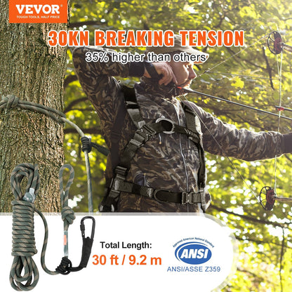 Safety Lifeline Rope 91.44m with Prusik Knots & Carabiners, 30KN Strength