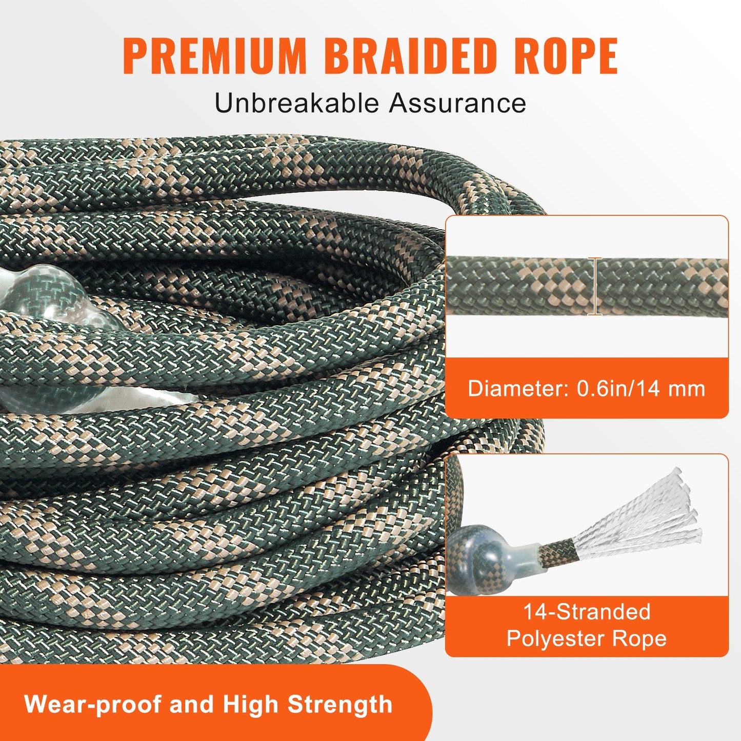 Safety Lifeline Rope 91.44m with Prusik Knots & Carabiners, 30KN Strength