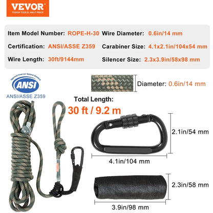 Safety Lifeline Rope 91.44m with Prusik Knots & Carabiners, 30KN Strength