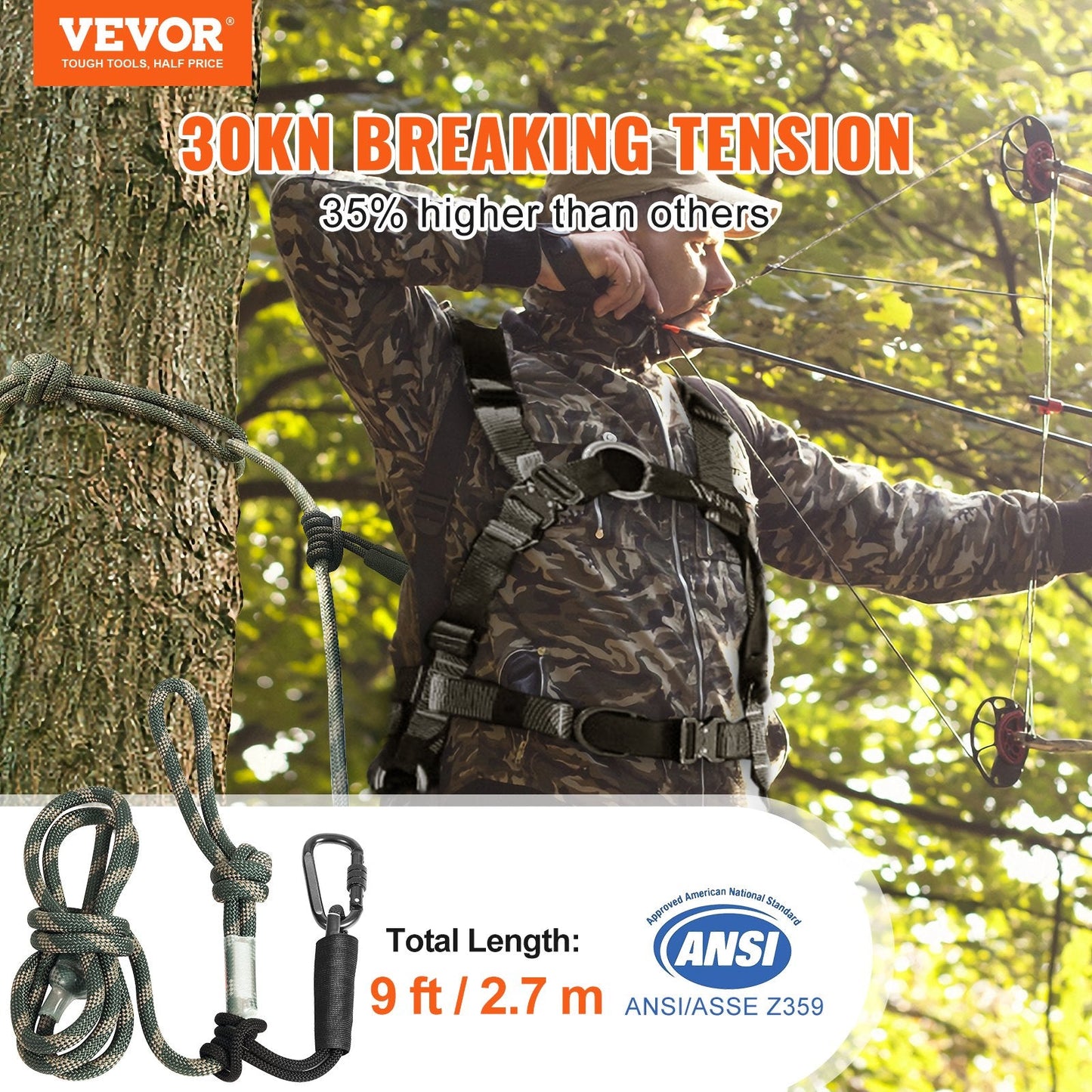 Tree Stand Lifeline Safety Rope 27.43m with Carabiners & Silencer, 30KN