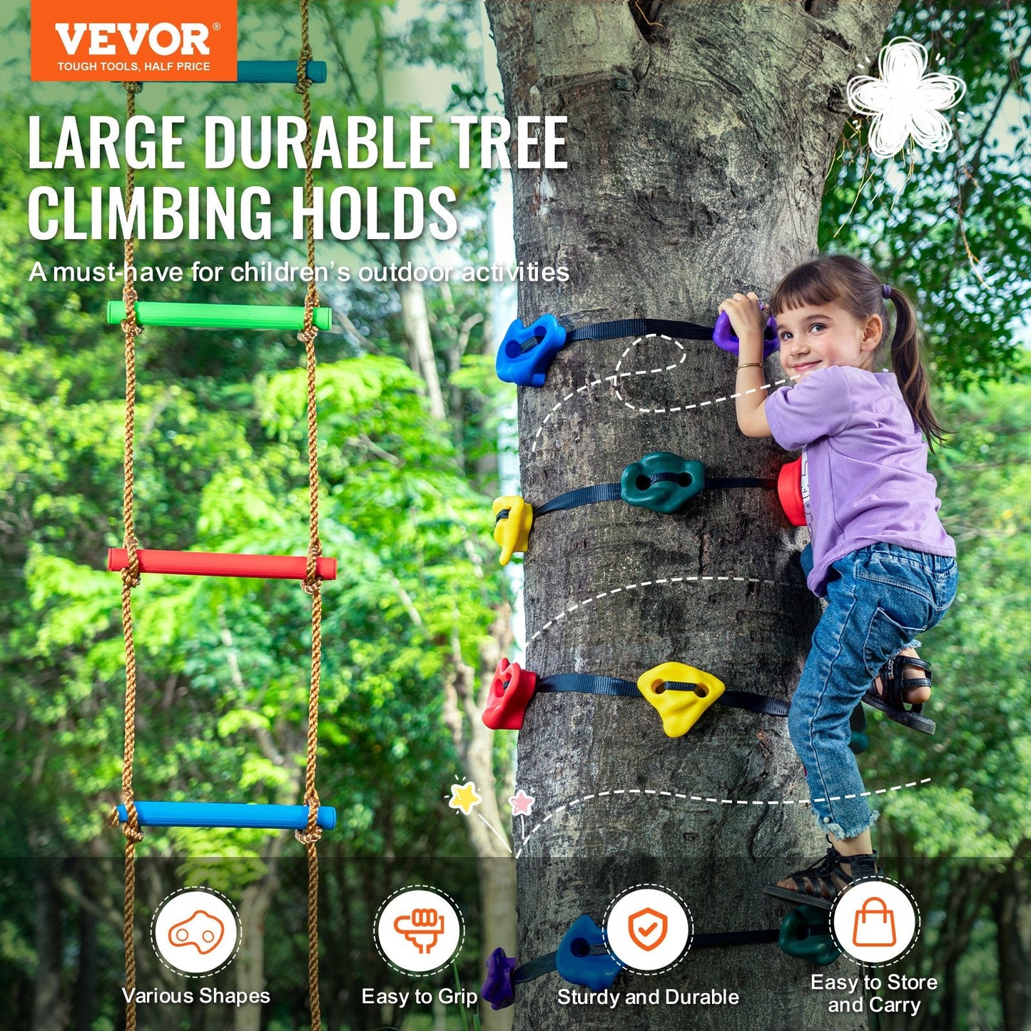 Ninja Tree Climbing Kit with 12 Holds and 6 Straps, 2m Ladder, 104 kg Capacity