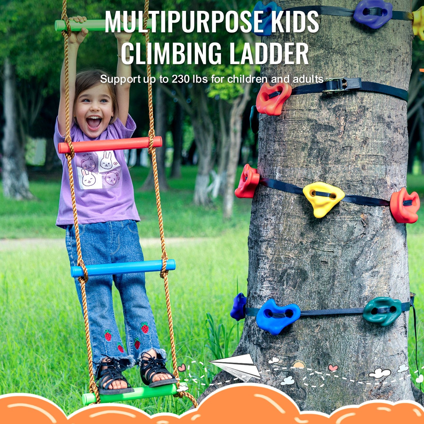 VEVOR Ninja Tree Climbing Kit 12 Climbing Holds 6 Ratchet Straps Climbing Ladder