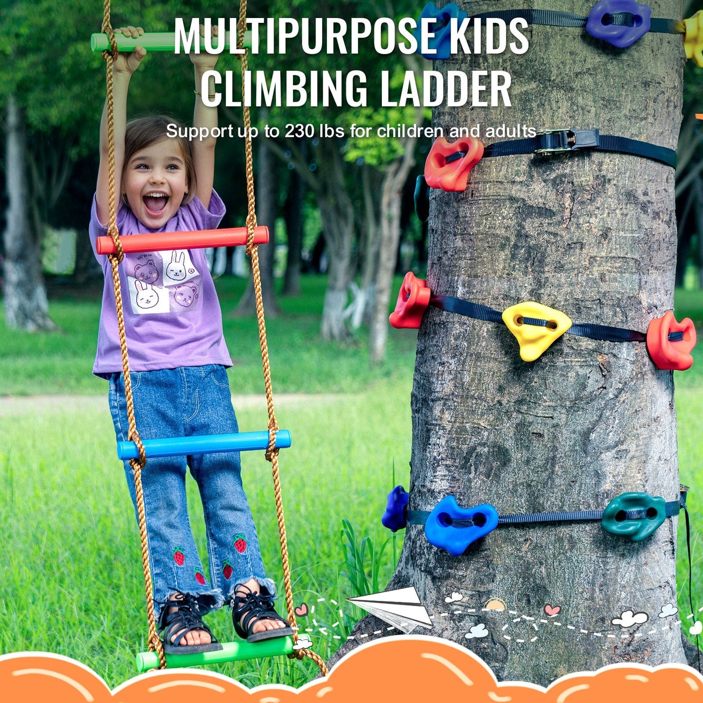 Ninja Tree Climbing Kit with 12 Holds and 6 Straps, 2m Ladder, 104 kg Capacity