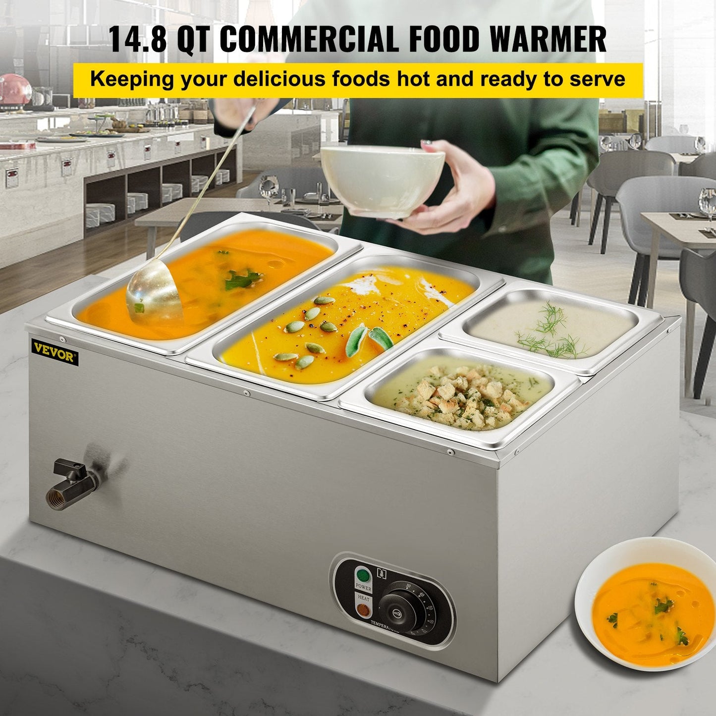 Stainless Steel Bain Marie Buffet Warmer with 4 Pans, 14L Capacity, 1500W
