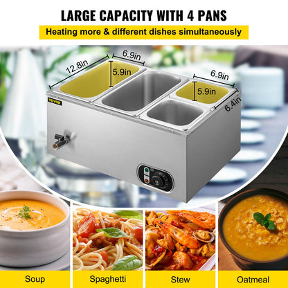VEVOR Commercial Food Warmer Bain Marie Stainless Steel Buffet Food Warmer 4-Pan