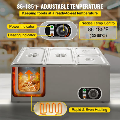 VEVOR Commercial Food Warmer Bain Marie Stainless Steel Buffet Food Warmer 4-Pan