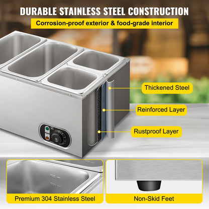 VEVOR Commercial Food Warmer Bain Marie Stainless Steel Buffet Food Warmer 4-Pan