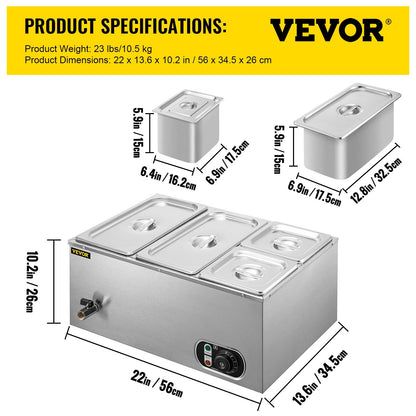 Stainless Steel Bain Marie Buffet Warmer with 4 Pans, 14L Capacity, 1500W