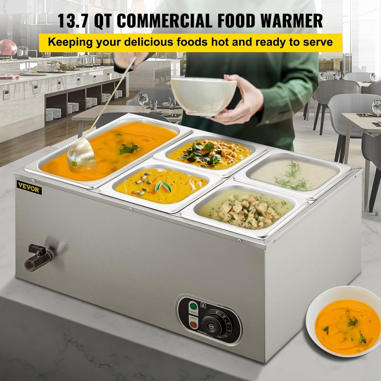 Stainless Steel Bain Marie 5-Pan Food Warmer with Adjustable Temperature Control