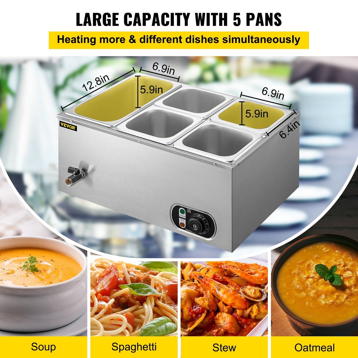 Stainless Steel Bain Marie 5-Pan Food Warmer with Adjustable Temperature Control