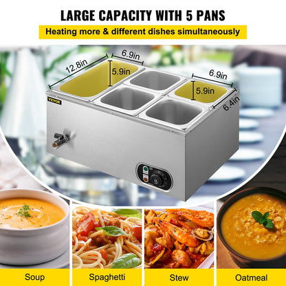 Stainless Steel Bain Marie 5-Pan Food Warmer with Adjustable Temperature Control