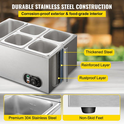 VEVOR Commercial Food Warmer Bain Marie 5-Pan Buffet Food Warmer Stainless Steel