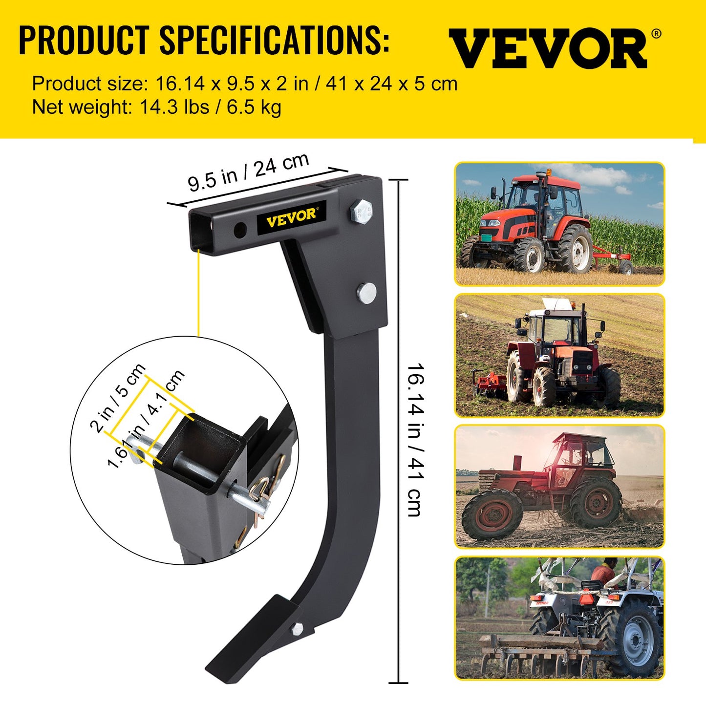 VEVOR Hitch Mounted Ripper, 40.6cm Shank Length Box Scraper Shank, 4 Hole Site Box