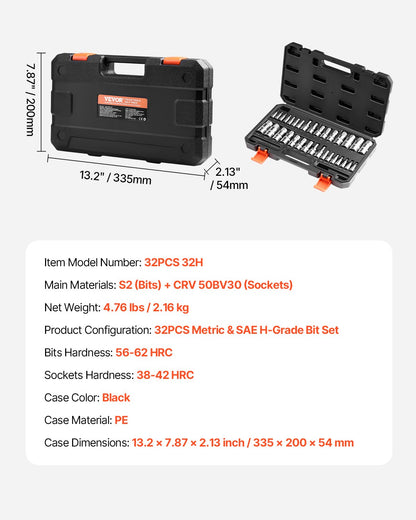Hex Bit Socket Set 32-Piece S2 Alloy Steel Cr-V Steel Standard SAE and Metric