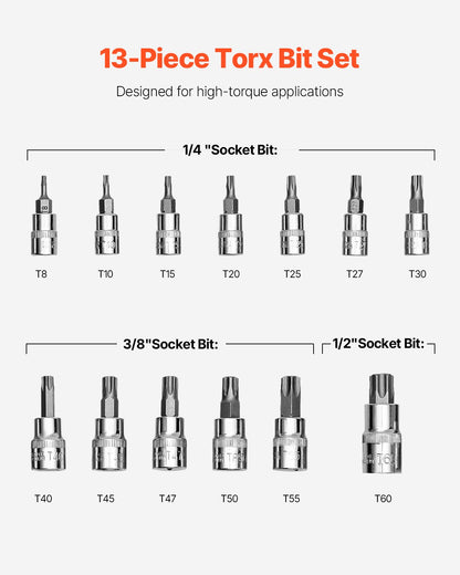 Torx Bit Socket Set 13-Piece Star T8 - T60 Set S2 Alloy Steel and Cr-V Steel