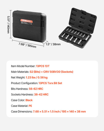 Torx Bit Socket Set 13-Piece Star T8 - T60 Set S2 Alloy Steel and Cr-V Steel
