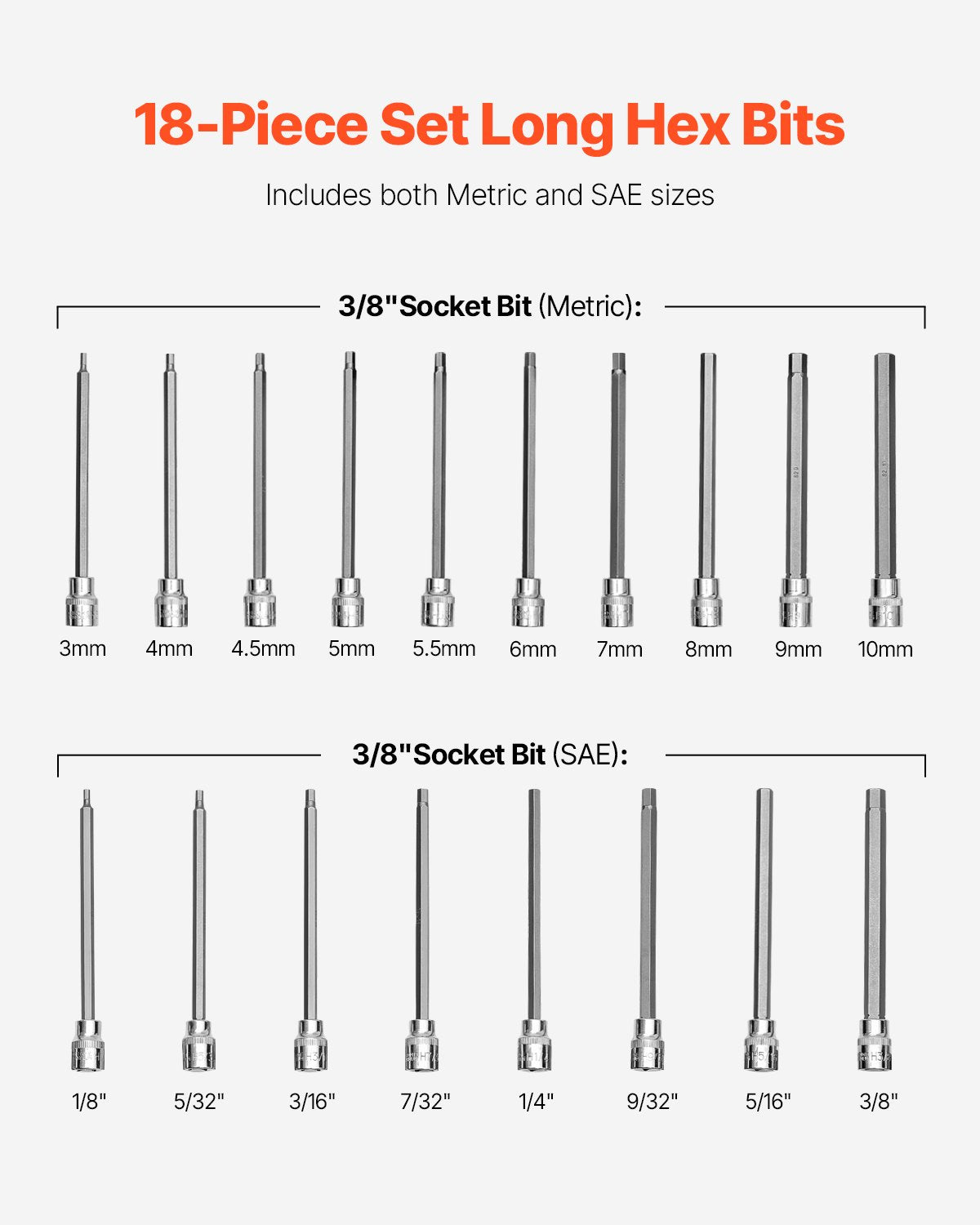 Extra Long Allen Hex Bit Socket Set 18-Piece 3/8 inch Drive S2 Alloy Steel Cr-V
