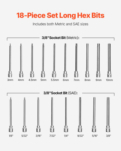 Extra Long Allen Hex Bit Socket Set 18-Piece 3/8 inch Drive S2 Alloy Steel Cr-V