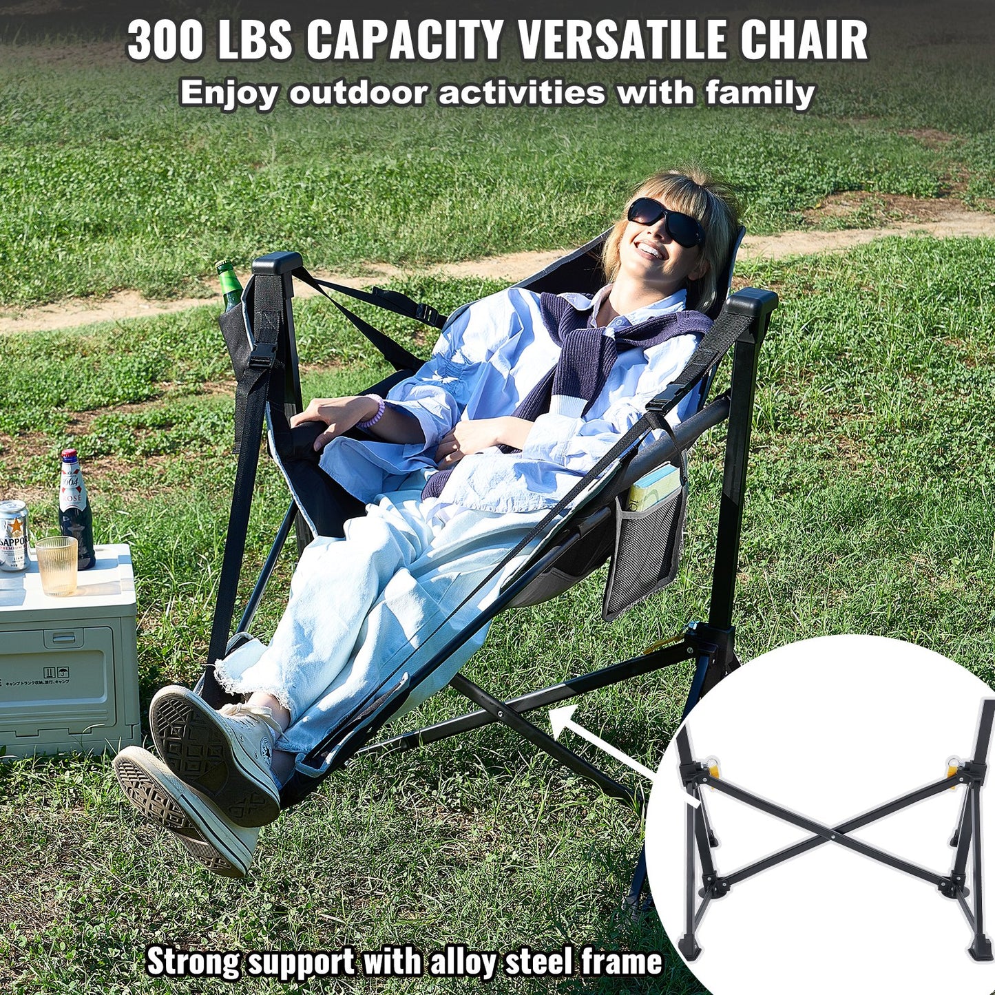 Reclining Camping Chair, 136 kg Load Camping Hammock Chair, Rocking Lounge Folding Chair with Footrest, Storage Bag, Headrest & Adjustable Backrest, for Camping and Other Outdoor Activities