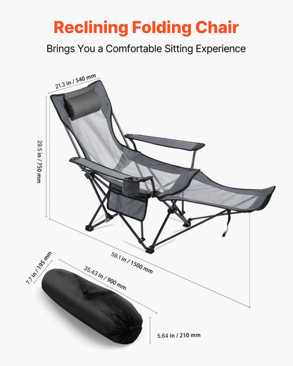 Reclining Camping Chair, 4 Adjustable Positions, Portable Folding Lounger for Adults, Mesh Beach Chair with Headrest & Foot Rest, Supports 220 lbs, Heavy Duty Camp Chairs for Patio, Gray