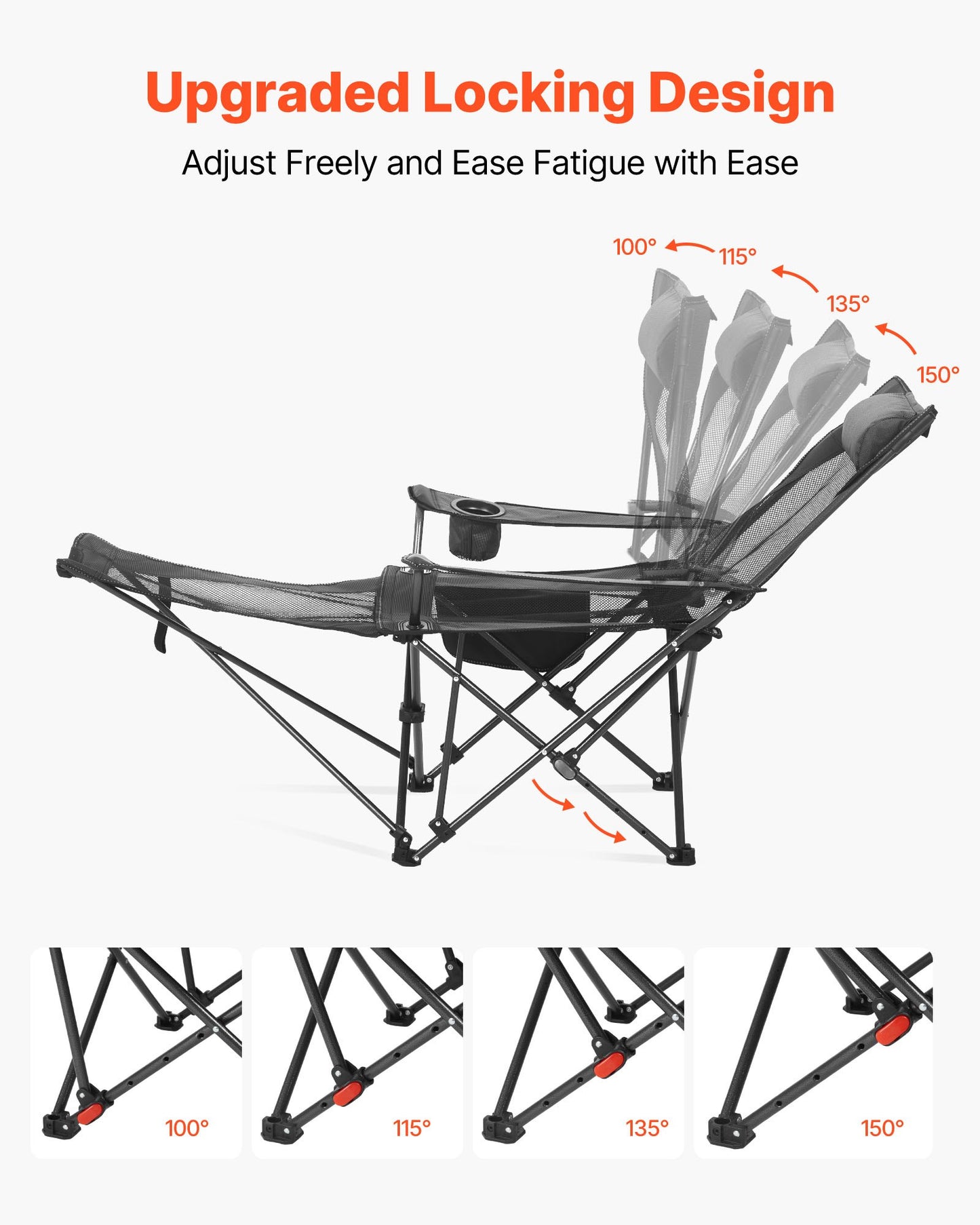 Reclining Camping Chair, 4 Adjustable Positions, Portable Folding Lounger for Adults, Mesh Beach Chair with Headrest & Foot Rest, Supports 220 lbs, Heavy Duty Camp Chairs for Patio, Gray