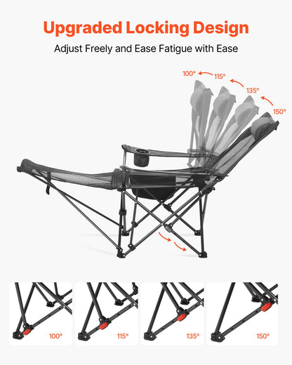 Reclining Camping Chair, 4 Adjustable Positions, Portable Folding Lounger for Adults, Mesh Beach Chair with Headrest & Foot Rest, Supports 220 lbs, Heavy Duty Camp Chairs for Patio, Gray