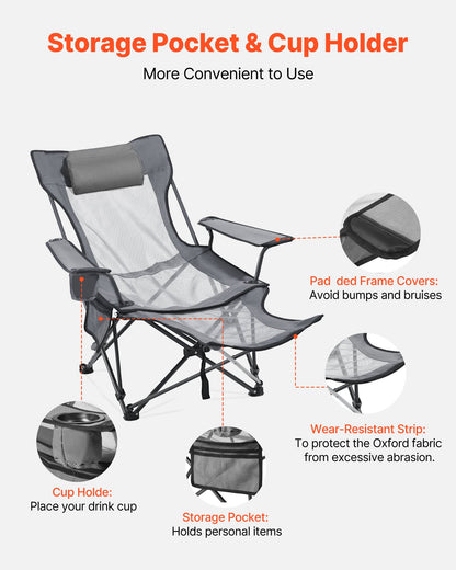Reclining Camping Chair, 4 Adjustable Positions, Portable Folding Lounger for Adults, Mesh Beach Chair with Headrest & Foot Rest, Supports 220 lbs, Heavy Duty Camp Chairs for Patio, Gray