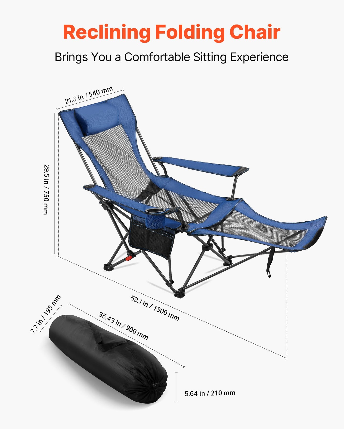 Reclining Camping Chair, 4 Adjustable Positions, Portable Folding Lounger for Adults, Mesh Beach Chair with Headrest & Foot Rest, Supports 220 lbs, Heavy Duty Camp Chairs for Patio, Blue