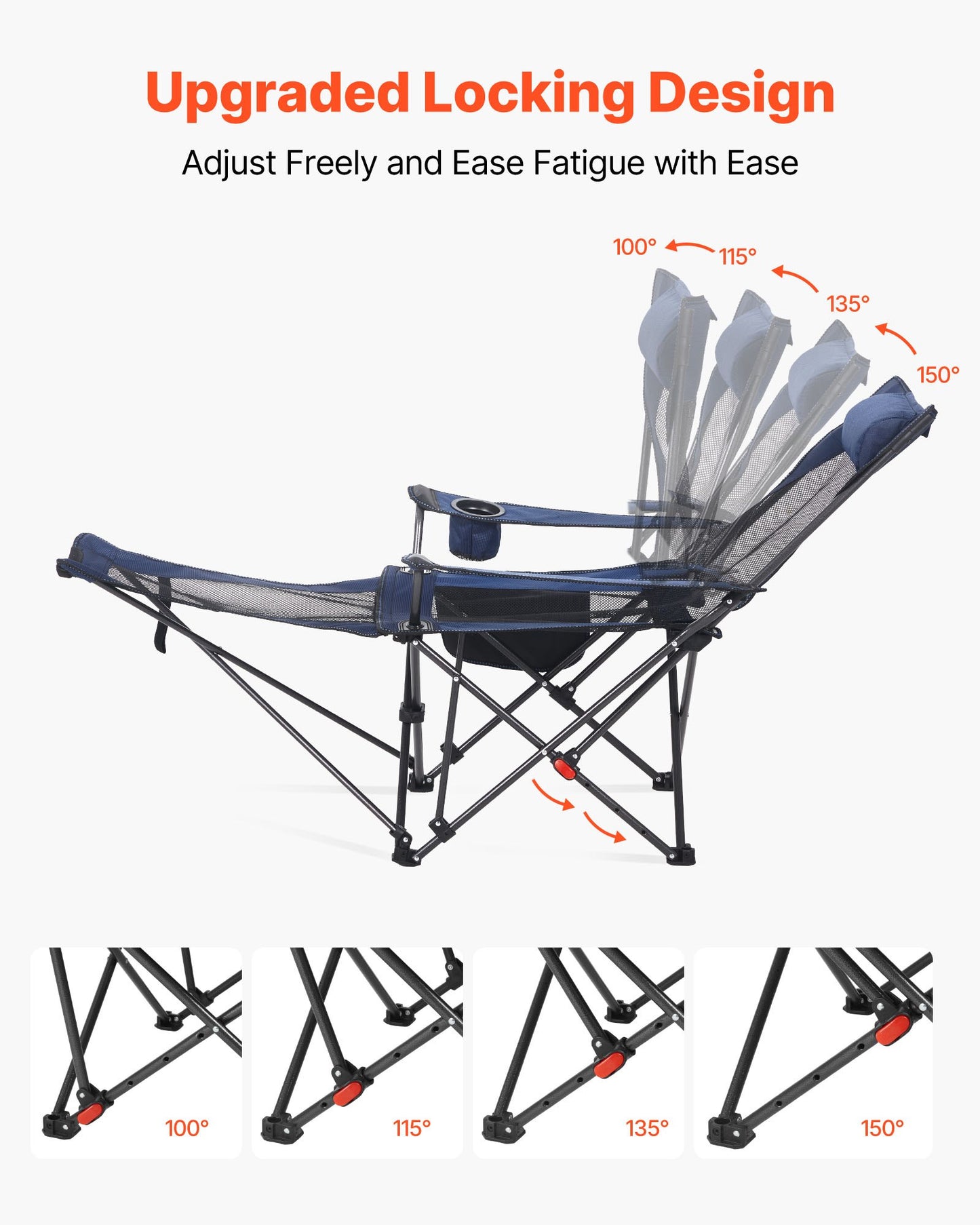 Reclining Camping Chair, 4 Adjustable Positions, Portable Folding Lounger for Adults, Mesh Beach Chair with Headrest & Foot Rest, Supports 220 lbs, Heavy Duty Camp Chairs for Patio, Blue