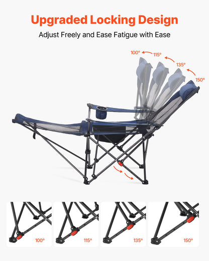 Reclining Camping Chair, 4 Adjustable Positions, Portable Folding Lounger for Adults, Mesh Beach Chair with Headrest & Foot Rest, Supports 220 lbs, Heavy Duty Camp Chairs for Patio, Blue