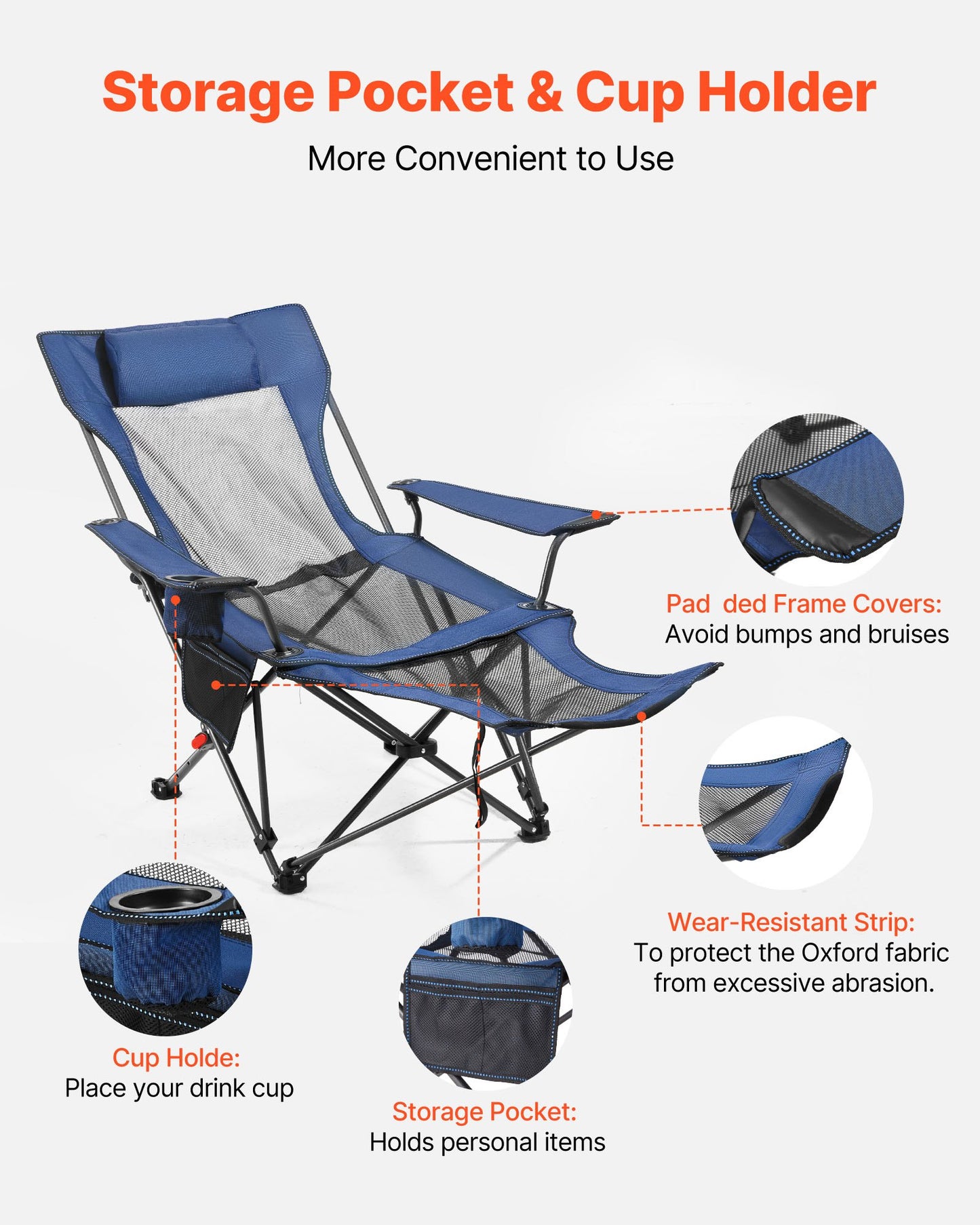 Reclining Camping Chair, 4 Adjustable Positions, Portable Folding Lounger for Adults, Mesh Beach Chair with Headrest & Foot Rest, Supports 220 lbs, Heavy Duty Camp Chairs for Patio, Blue