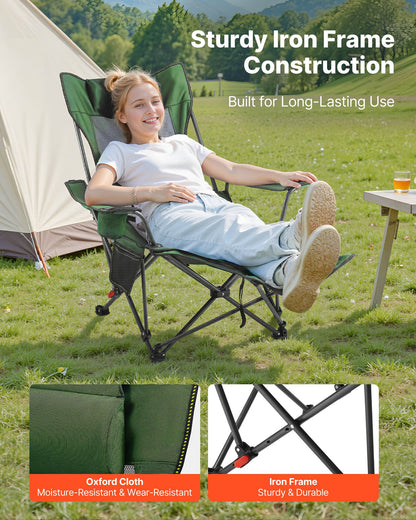 Reclining Camping Chair, 4 Adjustable Positions, Portable Folding Lounger for Adults, Mesh Beach Chair with Headrest & Foot Rest, Supports 220 lbs, Heavy Duty Camp Chairs for Patio, Green