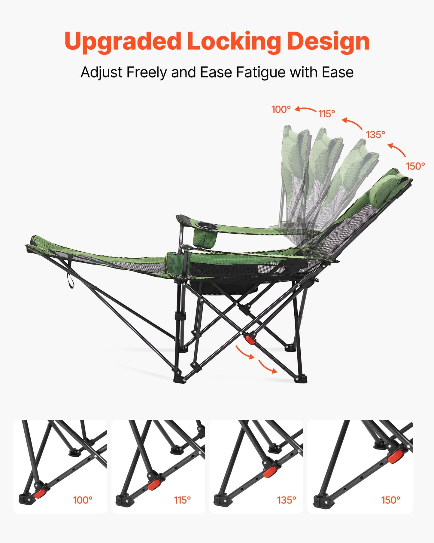 Reclining Camping Chair, 4 Adjustable Positions, Portable Folding Lounger for Adults, Mesh Beach Chair with Headrest & Foot Rest, Supports 220 lbs, Heavy Duty Camp Chairs for Patio, Green