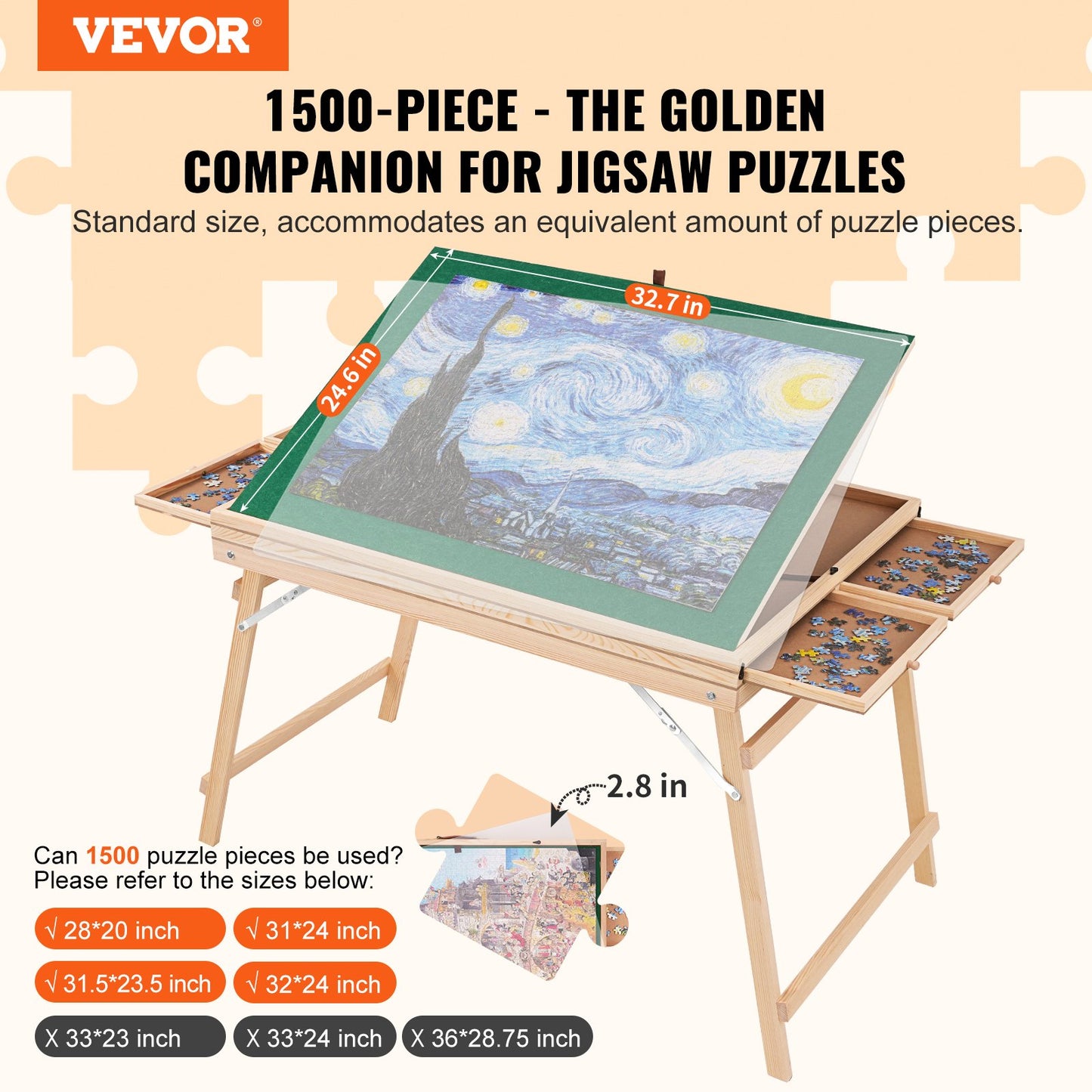 VEVOR 1500 Piece Puzzle Table with Folding Legs, 4 Drawers and Cover, Wooden Jigsaw