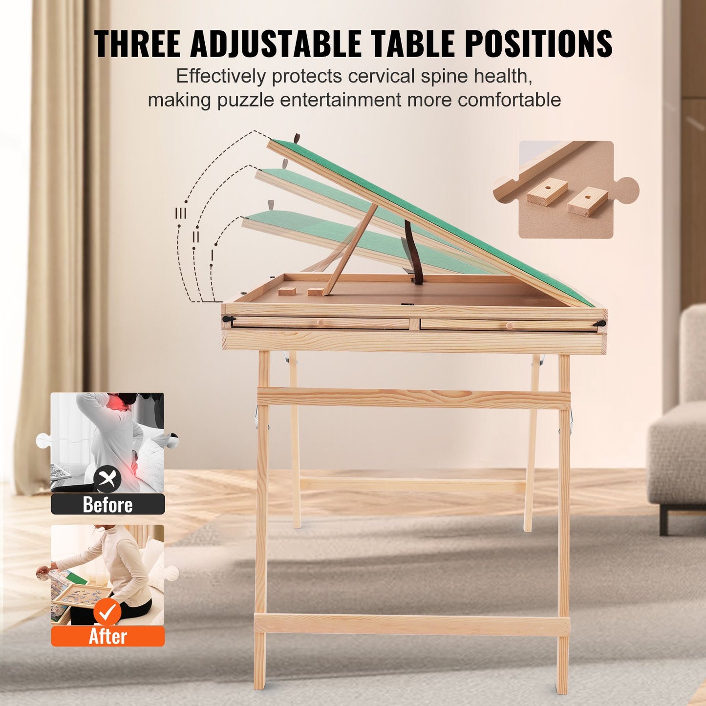 VEVOR 1500 Piece Puzzle Table with Folding Legs, 4 Drawers and Cover, Wooden Jigsaw