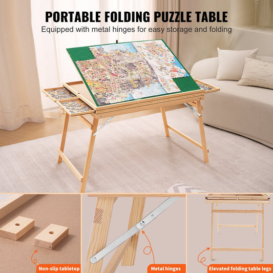 1500-Piece Wooden Jigsaw Table with Folding Legs, Drawers, and Protective Cover