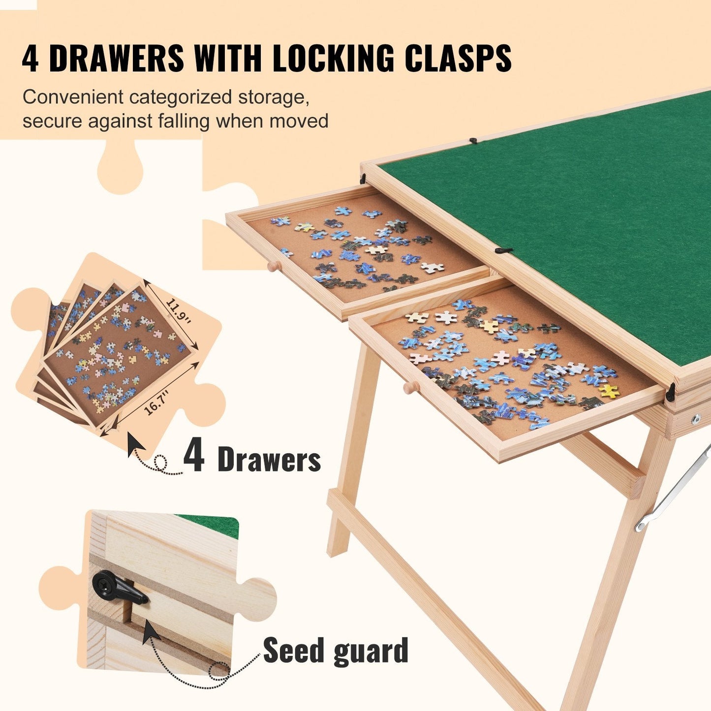 1500-Piece Wooden Jigsaw Table with Folding Legs, Drawers, and Protective Cover