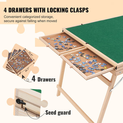 1500-Piece Wooden Jigsaw Table with Folding Legs, Drawers, and Protective Cover