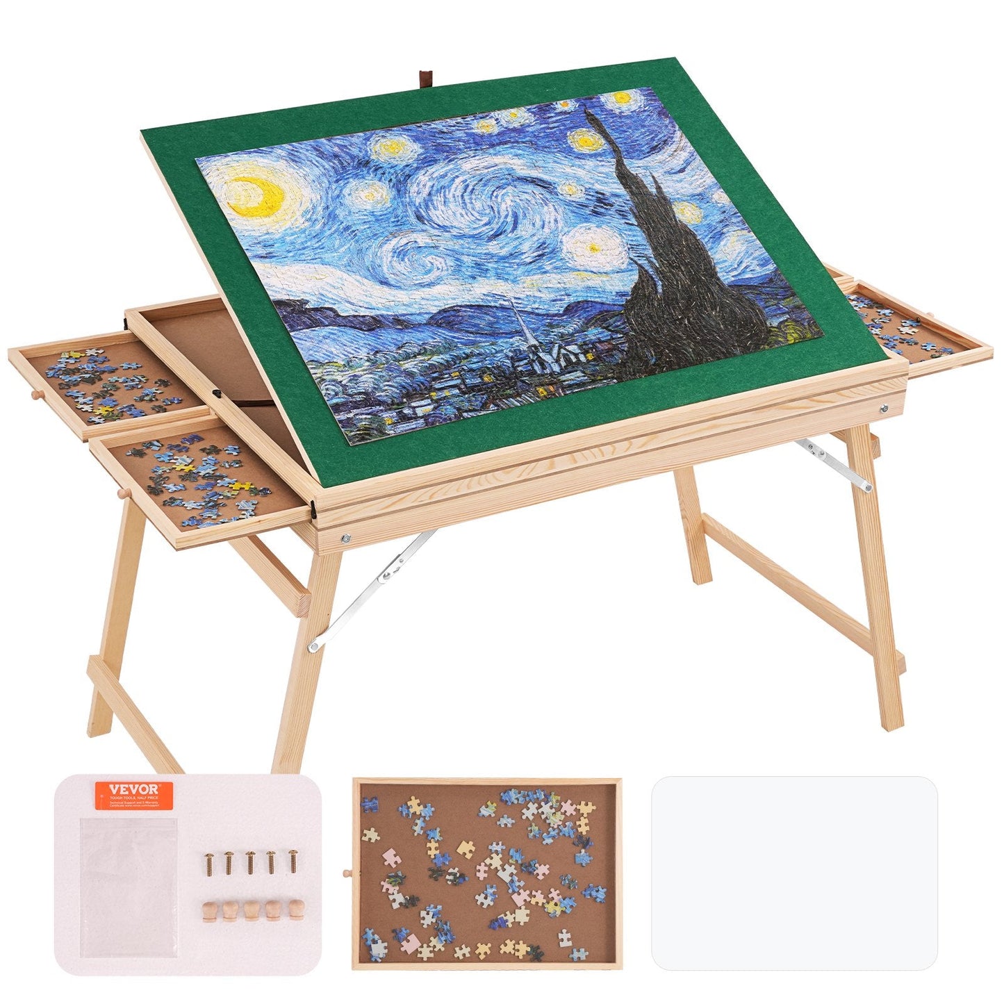 1500-Piece Wooden Jigsaw Table with Folding Legs, Drawers, and Protective Cover