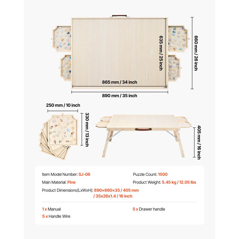 VEVOR 1500 Piece Puzzle Board with Folding Leg Portable Wooden Jigsaw 86x63cm