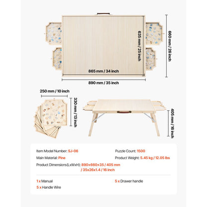 VEVOR 1500 Piece Puzzle Board with Folding Leg Portable Wooden Jigsaw 86x63cm