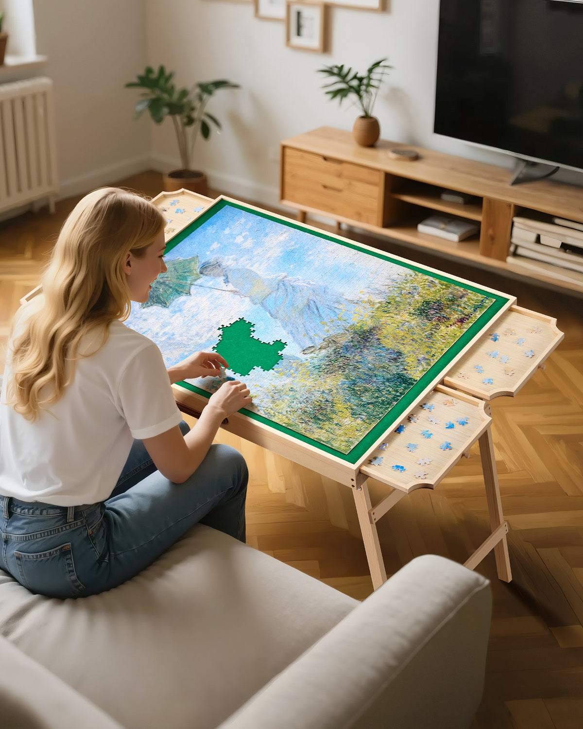 1500 Piece Puzzle Table with Folding Legs, 4 Drawers and Cover, 86x63cm Portable Wooden Board, Felt Surface Jigsaw Puzzle Accessories for Adults, Adjustable 6-Tilting-Angle, Gift for Mom