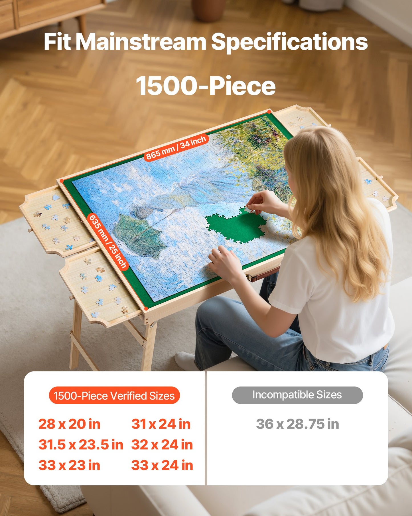 1500 Piece Puzzle Table with Folding Legs, 4 Drawers and Cover, 86x63cm Portable Wooden Board, Felt Surface Jigsaw Puzzle Accessories for Adults, Adjustable 6-Tilting-Angle, Gift for Mom