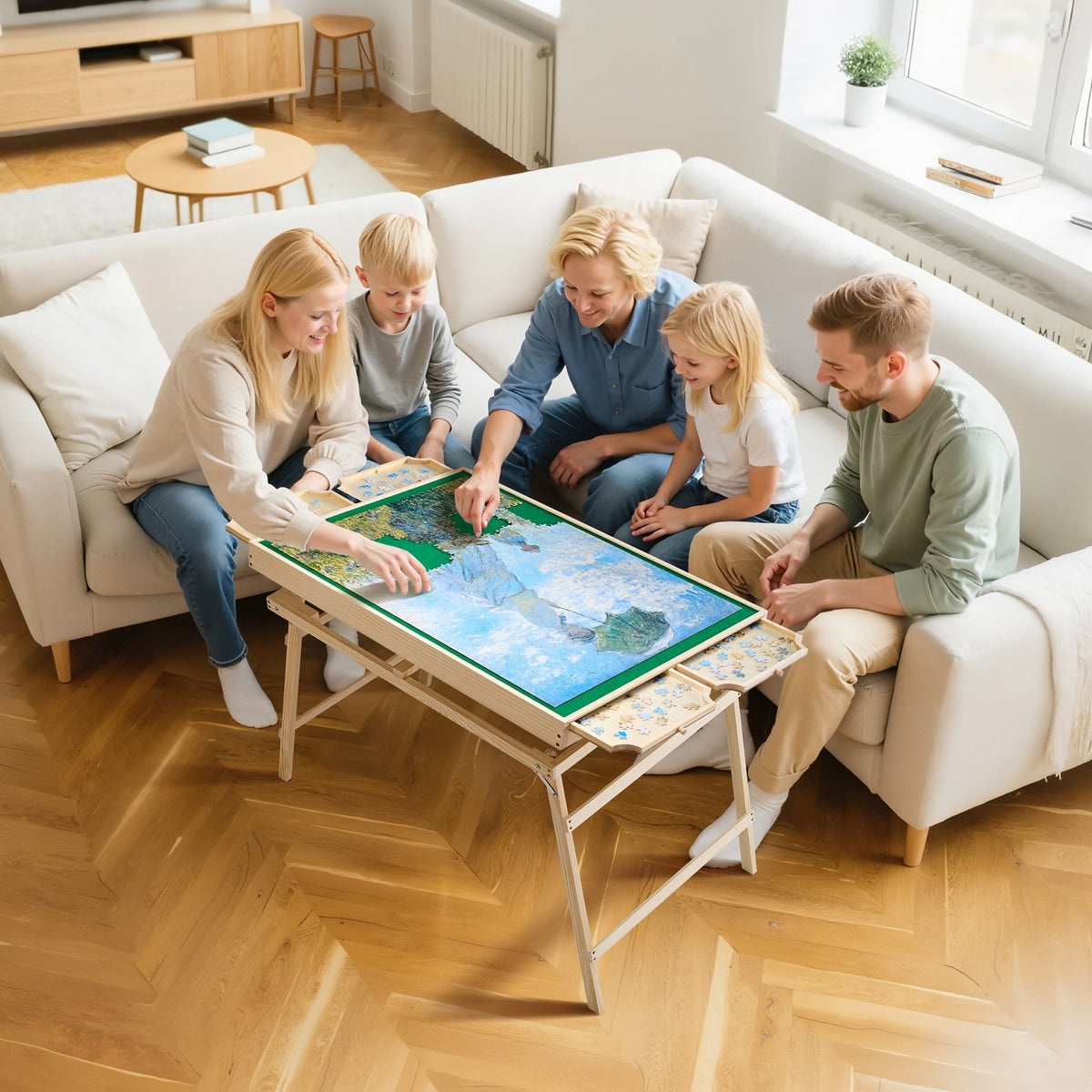 1500 Piece Puzzle Table with Folding Legs, 4 Drawers and Cover, 86x63cm Portable Wooden Board, Felt Surface Jigsaw Puzzle Accessories for Adults, Adjustable 6-Tilting-Angle, Gift for Mom