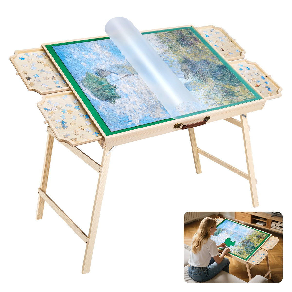 1500 Piece Puzzle Table with Folding Legs, 4 Drawers and Cover, 86x63cm Portable Wooden Board, Felt Surface Jigsaw Puzzle Accessories for Adults, Adjustable 6-Tilting-Angle, Gift for Mom
